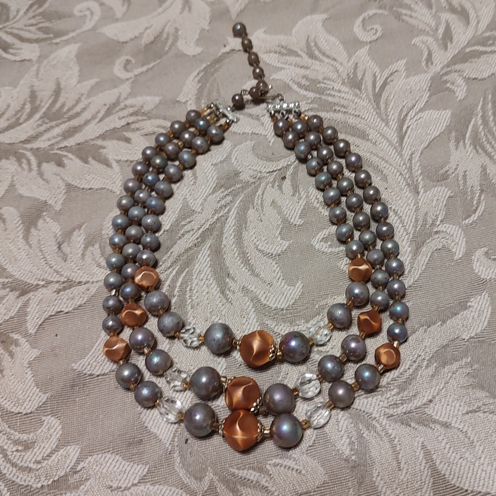 🤎 Spectacular Vintage Copper-Sienna and Silver-Grey Abstract Beaded Necklace